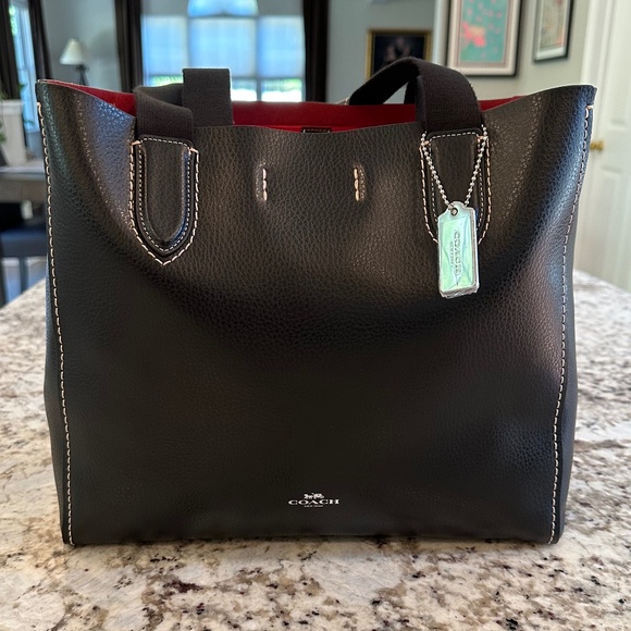 Coach Black Pebble Leather Derby Tote New with Tags Burgundy Red Interior - Picture 1 of 16